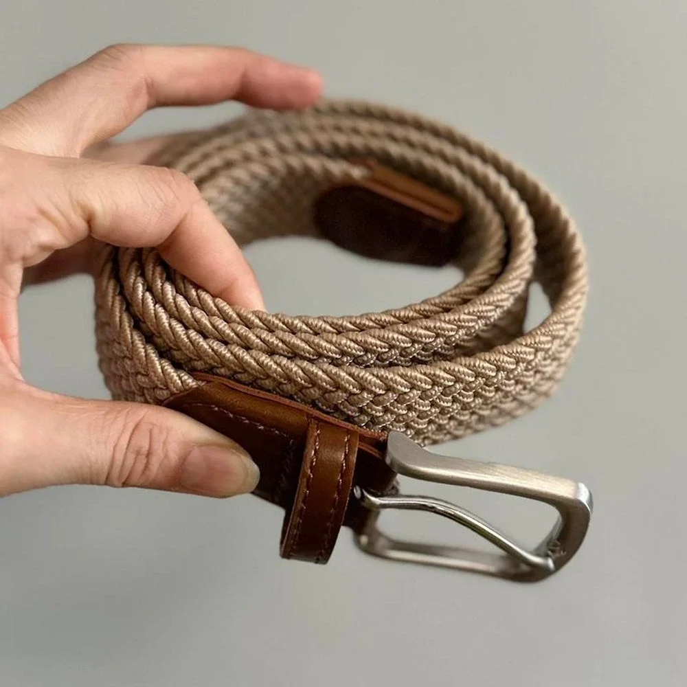 Brown leather and beige knit belt